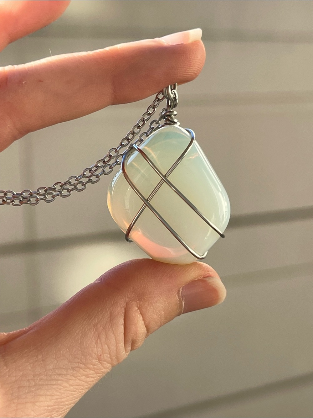 Milky Opalite Stainless Steel Wire Wrap with Silver Tone Chain
